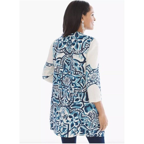 Chicos Duster Jacket Artisan Print 100% Linen Cardigan Artsy - Picture 4 of 13
